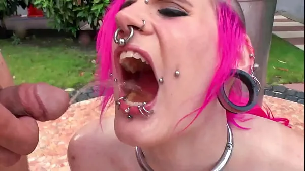 Big Pissed in face: punk girl gets piss in piercing mouth - outdoor total Tube
